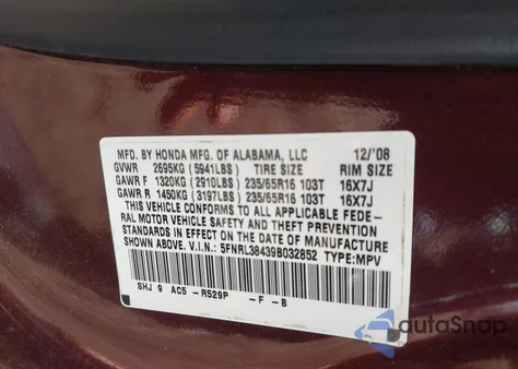 2009 Honda Odyssey Ex из США, поврежденный, VIN 5FNRL38439B032852